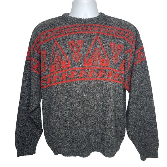 Vintage 80s Campus Gray Red Space Dyed Geometric Aztec Sweater - Picture 1 of 8